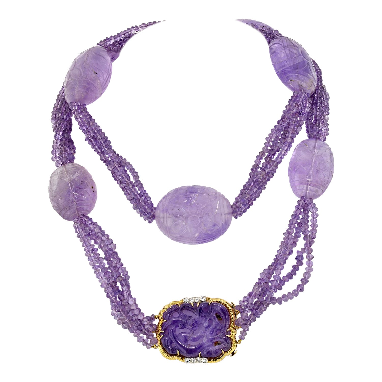 David Webb Platinum & Gold Carved Amethyst Multi-Strand Lavender Bead Necklace For Sale