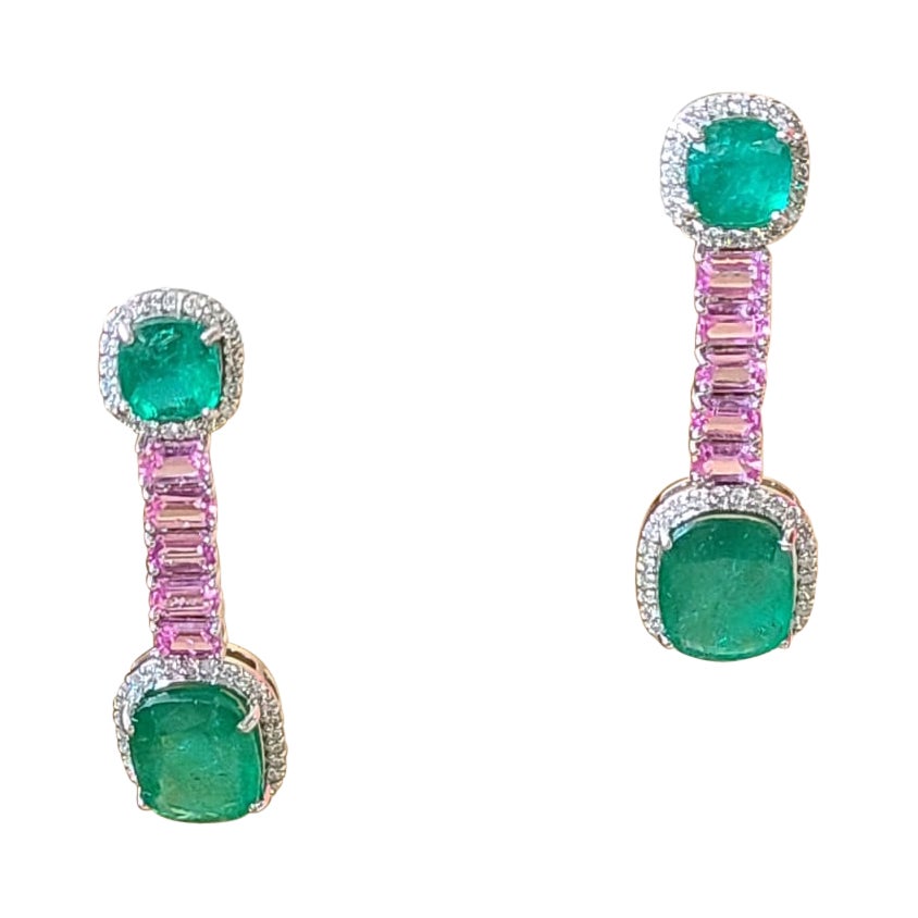 13.44 Carats, Zambian Emerald, Pink Sapphire & Diamonds Dangle/Drop Earrings For Sale