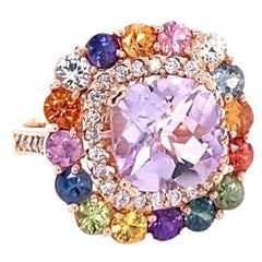 7.30 Carat Cushion Cut Amethyst Sapphire Diamond 14K Rose Gold Cocktail Ring