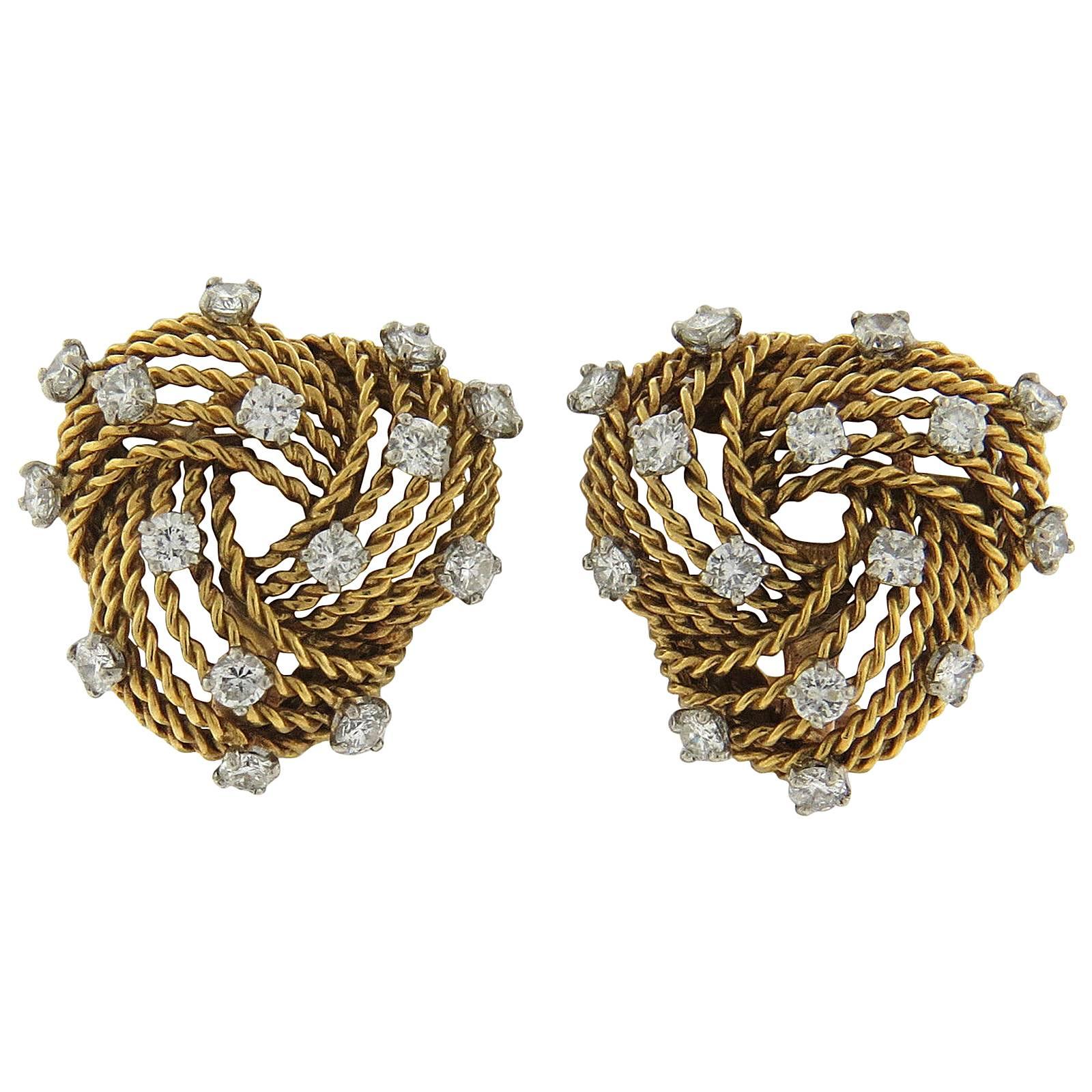 1950s Cartier Paris Diamond Gold Woven Earrings