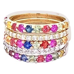2.76 Carat Multi-Color Sapphire and Diamond 14K Gold Stackable Bands