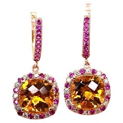 9.22 Carat Citrine Pink Sapphire Diamond Earrings 14 Karat Yellow Gold