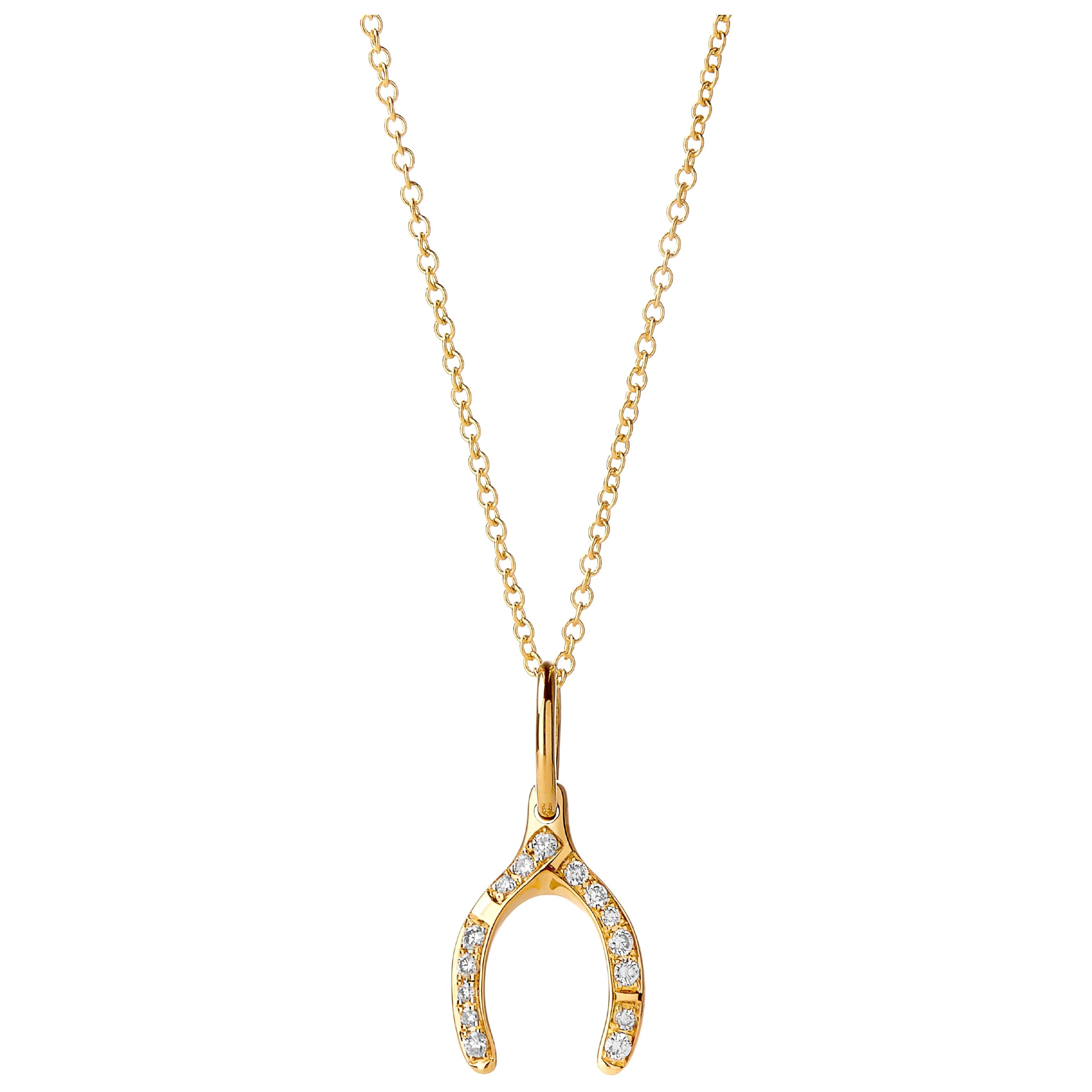 Syna Yellow Gold Wishbone Pendant with Diamonds For Sale