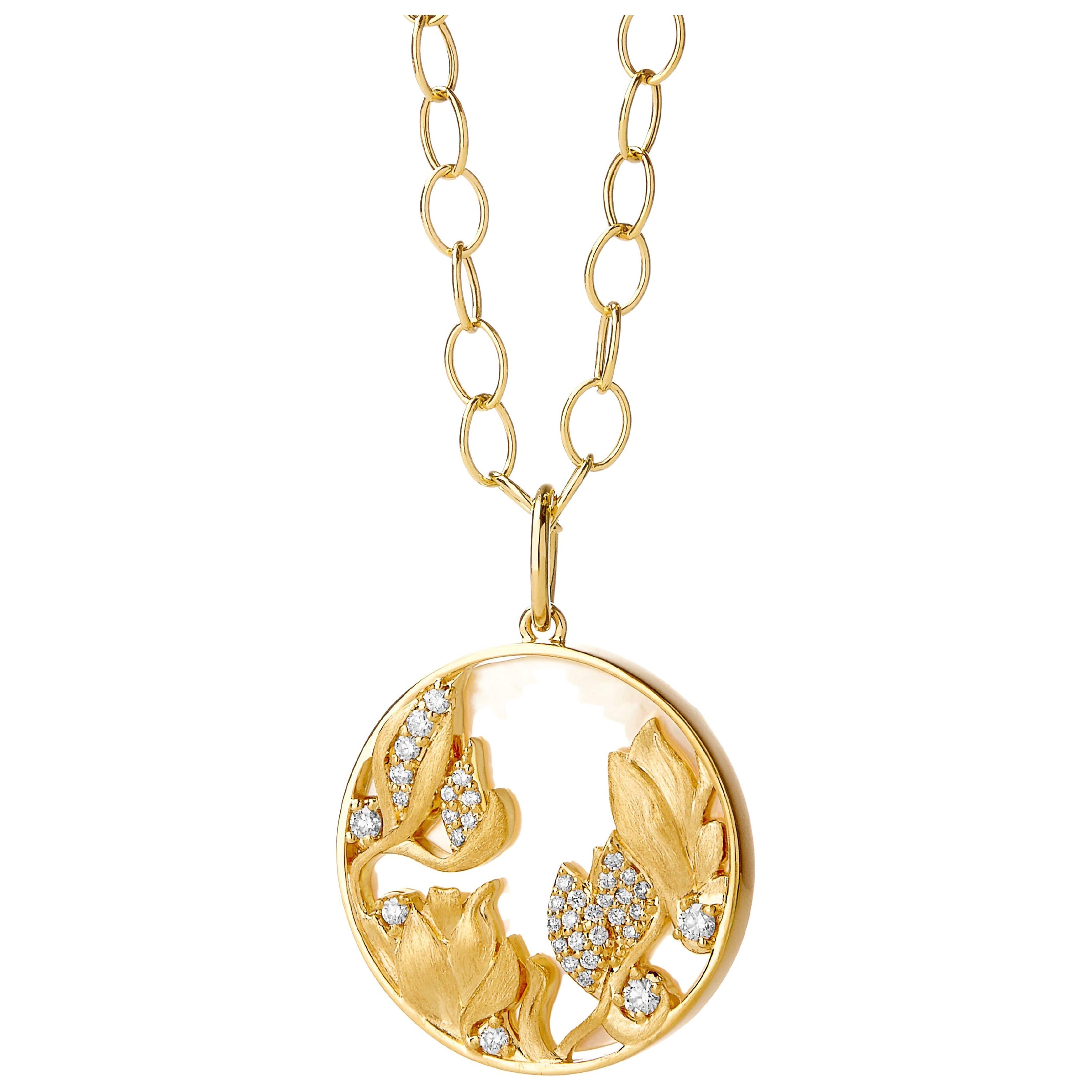 Syna Yellow Gold Magnolia Pendant with Mother of Pearl and Diamonds For Sale