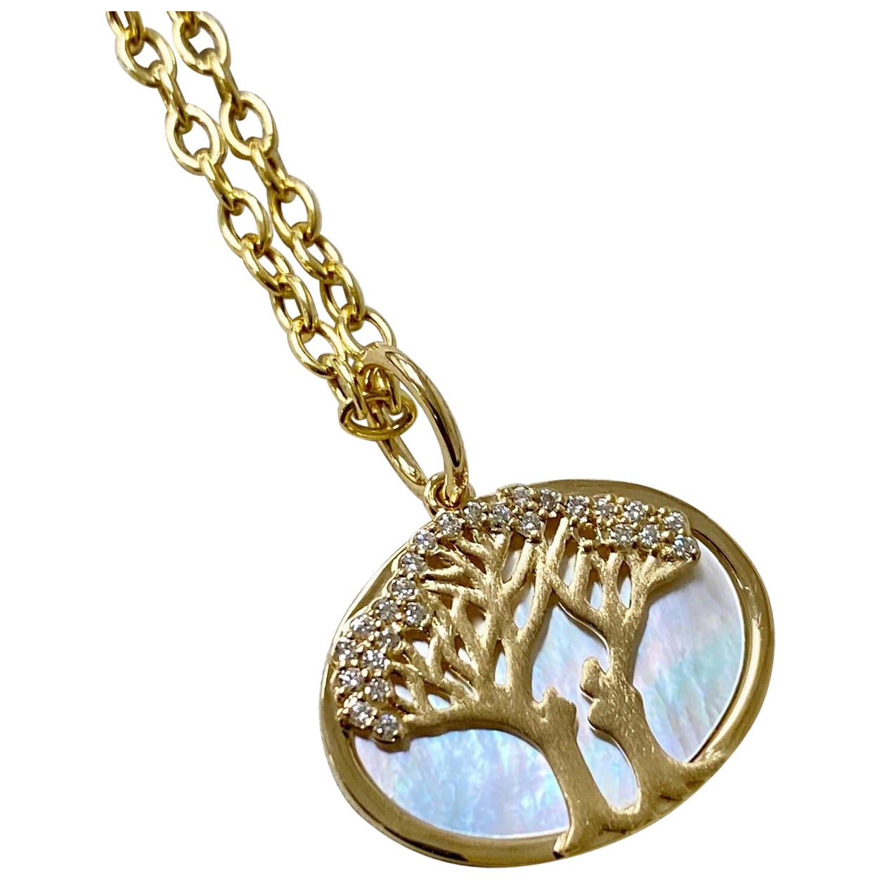 Syna Flowering Tree Pendant with Mother of Pearl and Champagne Diamonds For Sale