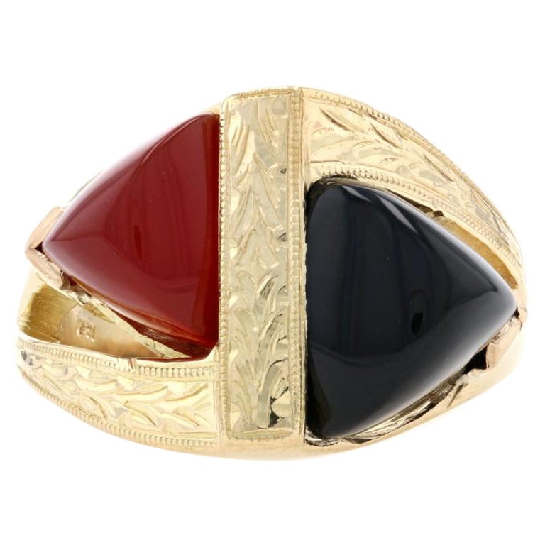 Yellow Gold Carnelian & Onyx Two-Stone Ring, 18k Triangle Cabochon Hand Engraved