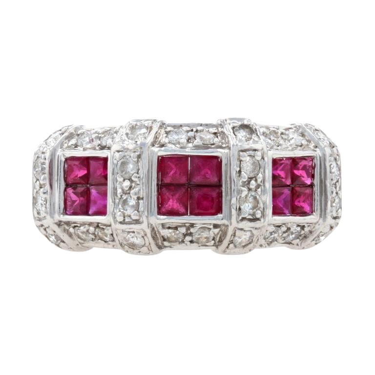 White Gold Ruby & Diamond Cluster Halo Band, 14k Square Cut 1.68ctw Ring
