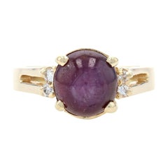 Antique Yellow Gold Star Ruby & Diamond Ring, 14k Round Cabochon Cut 6.26ctw