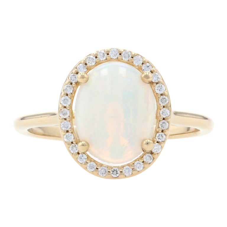 Yellow Gold Opal and Diamond Halo Ring, 14k Oval Cabochon Cut 1.40ctw ...