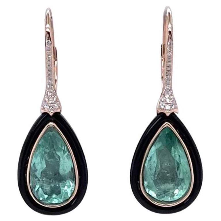 18CT Rose Gold Emerald, Onyx and Diamond Earrings In New Condition For Sale In Sydney, NSW