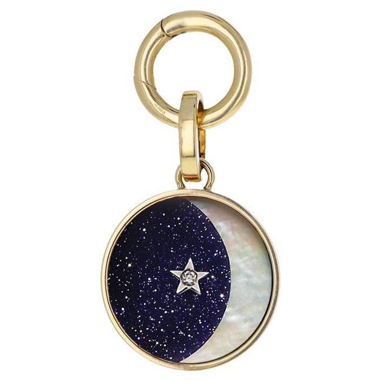 18Kt Yellow Gold Charm with Blue Aventurine, White Gold 18kt Star and Diamond For Sale