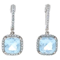 White Gold Sky Blue Topaz Diamond Huggie Hoop Halo Earrings 14k Cushion 3.48ctw