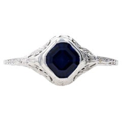 1.50ct Synthetic Sapphire Art Deco Ring, 14k Gold Vintage Filigree Solitaire
