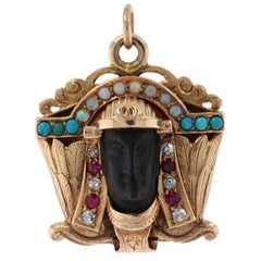 Pharaoh's Bust Pendant, 14k Gold Converted Antique Masonic Shriners Medal Opals