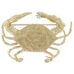 Yellow Gold Diamond Blue Crab Brooch, 18k Round Cut Ocean Sea Crustacean Pin