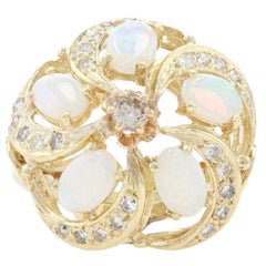 Yellow Gold Diamond & Opal Cluster Halo Cocktail Ring, 14k 2.00ctw Floral Swirl