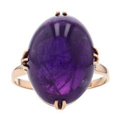 Yellow Gold Amethyst Vintage Cocktail Solitaire Ring, 18k Oval Cabochon 14.30ct