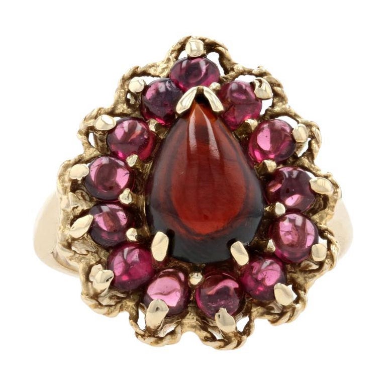 Yellow Gold Rhodolite Garnet Halo Ring, 14k Pear Cabochon Cut 3.50ctw