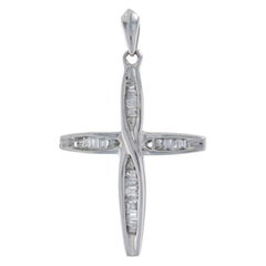 White Gold Diamond Cross Pendant, 10k Baguette Cut .15ctw Faith