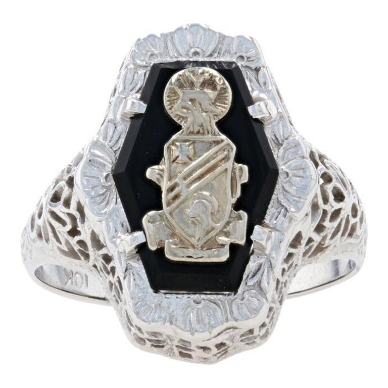 Customizable Sorority Crest Ring, 10k White Gold Filigree Art Deco Onyx ...