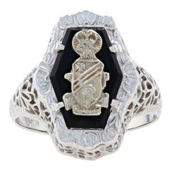 Sorority Crest Ring, 10k White Gold Filigree Art Deco Onyx Mystery Society