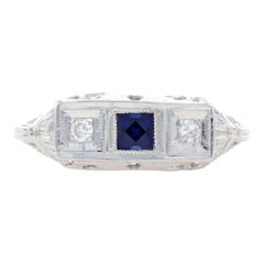 White Gold Synthetic Sapphire & Diamond Art Deco Ring 14k .28ctw Square Vintage