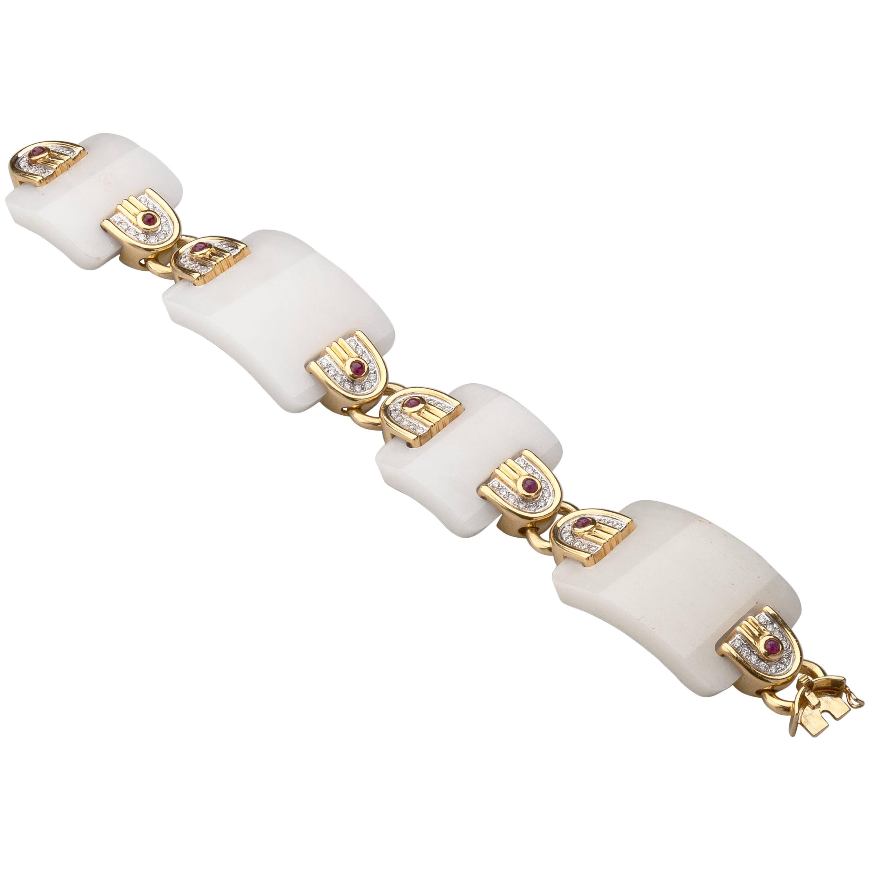1990s White Onyx Ruby Diamond Gold Bracelet  For Sale