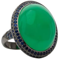 One of a Kind 21.82 Carat Prase Opal 1.95 Carat Blue Sapphire Gold Ring 5