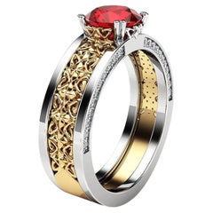 Art Deco Style Ruby Diamond Ring 14 Karat White Gold