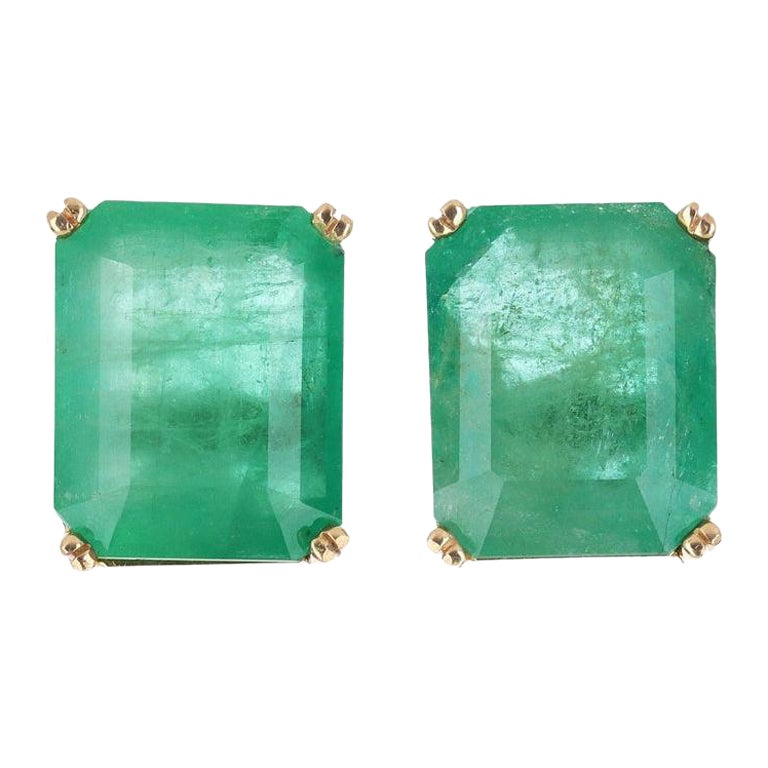 32.66tcw 18K Colombian Emerald-Emerald Cut Gold Stud Earrings