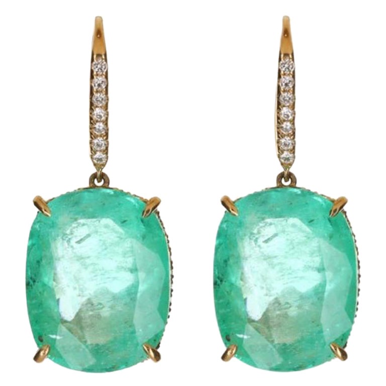 25.70tcw 18K Colombian Emerald-Cushion Cut & Diamond Dangle Earrings
