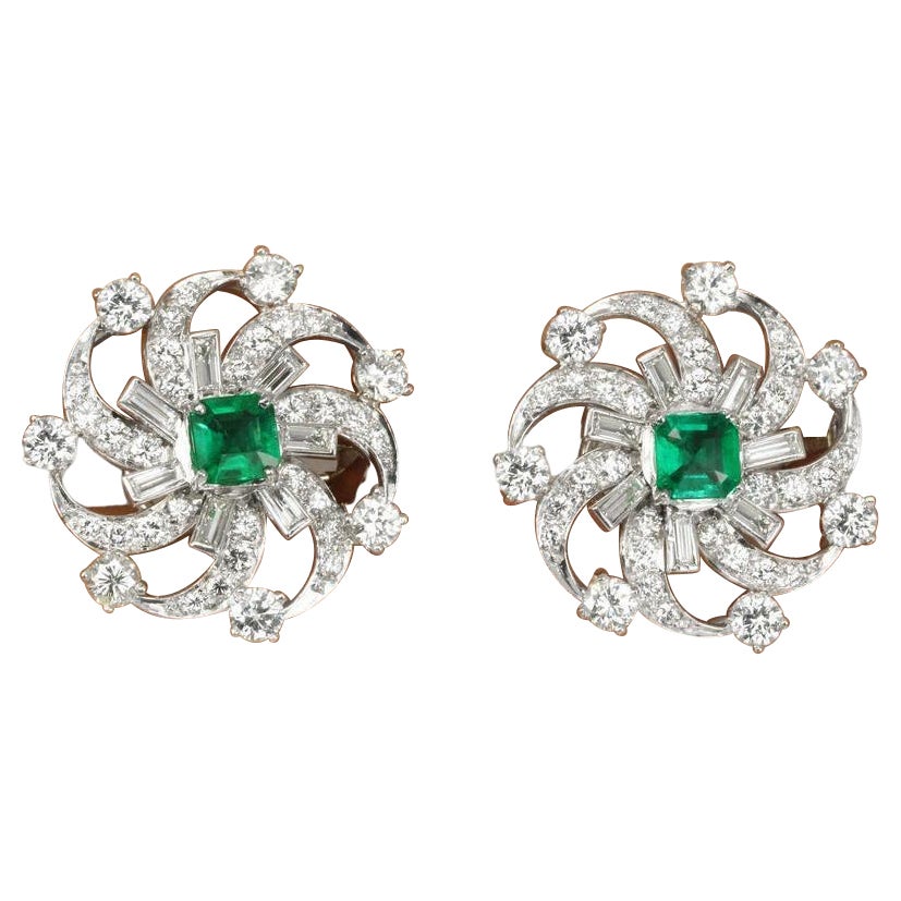 6.70tcw PLAT AAA+ Colombian Emerald-Emerald Cut & Diamond Omega Earrings For Sale