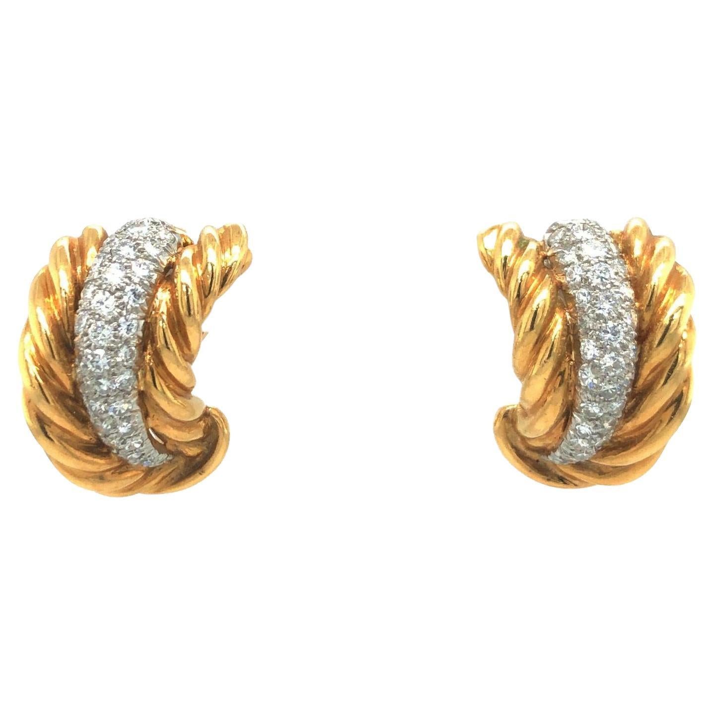 Van Cleef & Arpels Vintage Diamond Clip On Earrings 18k Yellow Gold and Platinum