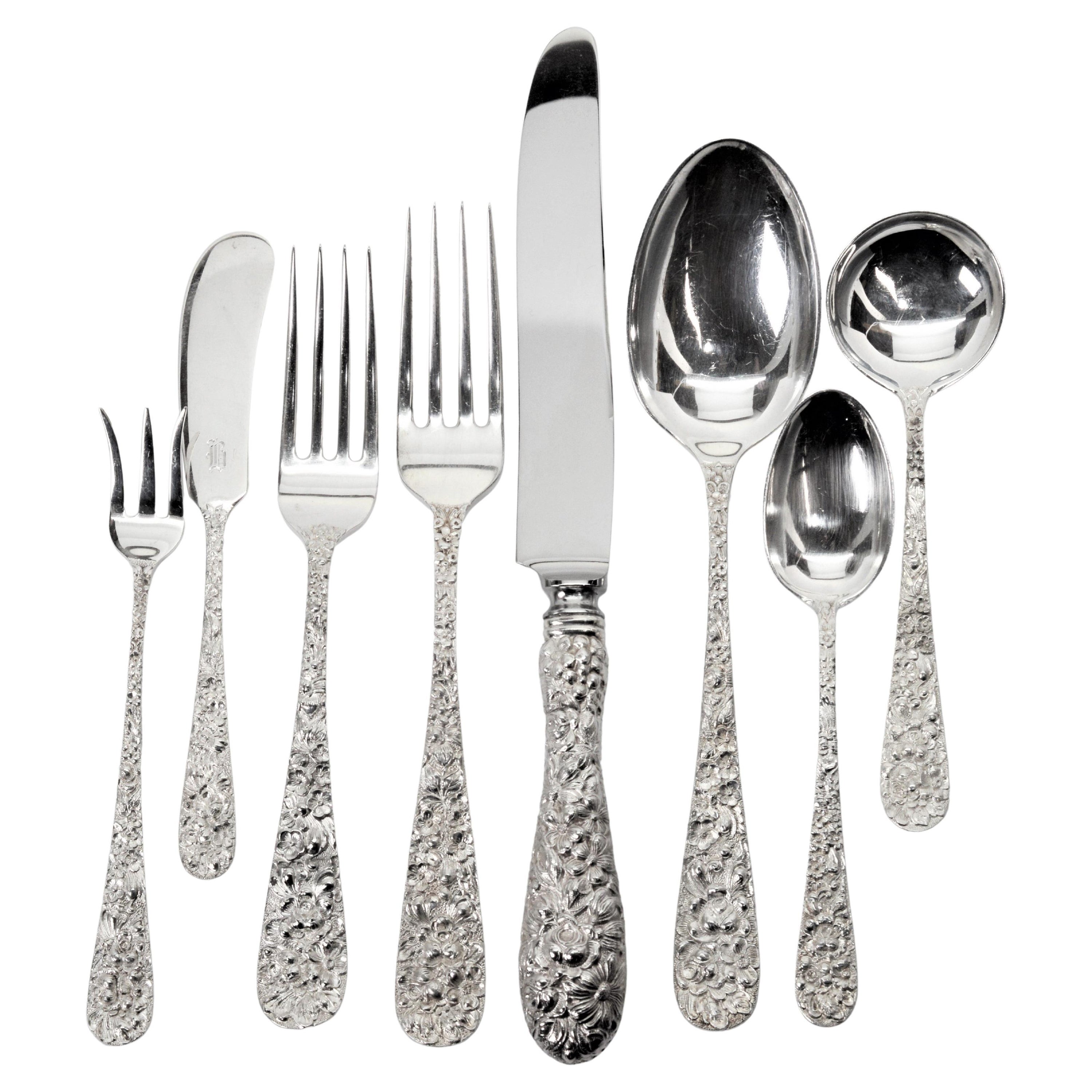 Stieff Repousse Sterling Silver Flatware Nine Piece Set, Service for Eight For Sale