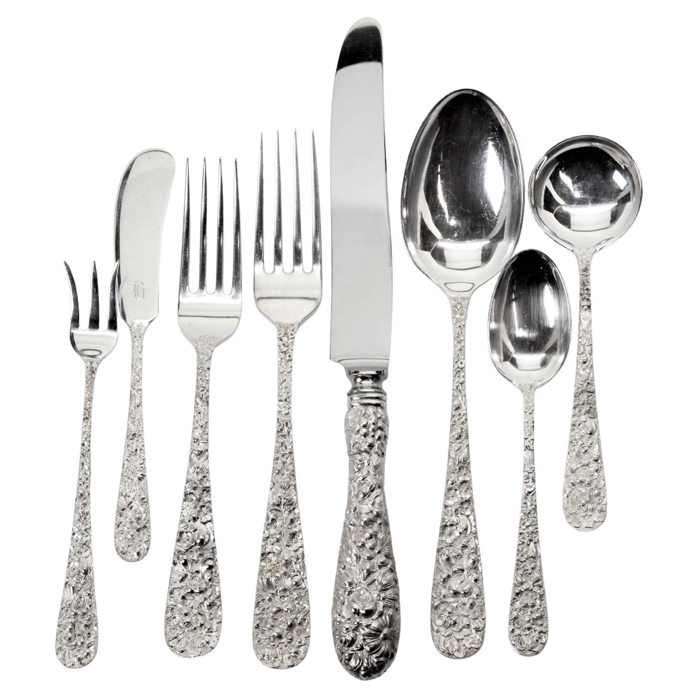 Stieff Repousse Sterling Silver Flatware Nine Piece Set, Service for ...
