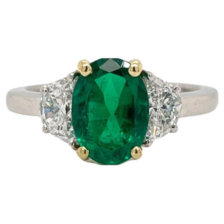 AGL Certified Colombian Emerald & Diamond Three Stone Ring Platinum & 18K For Sale