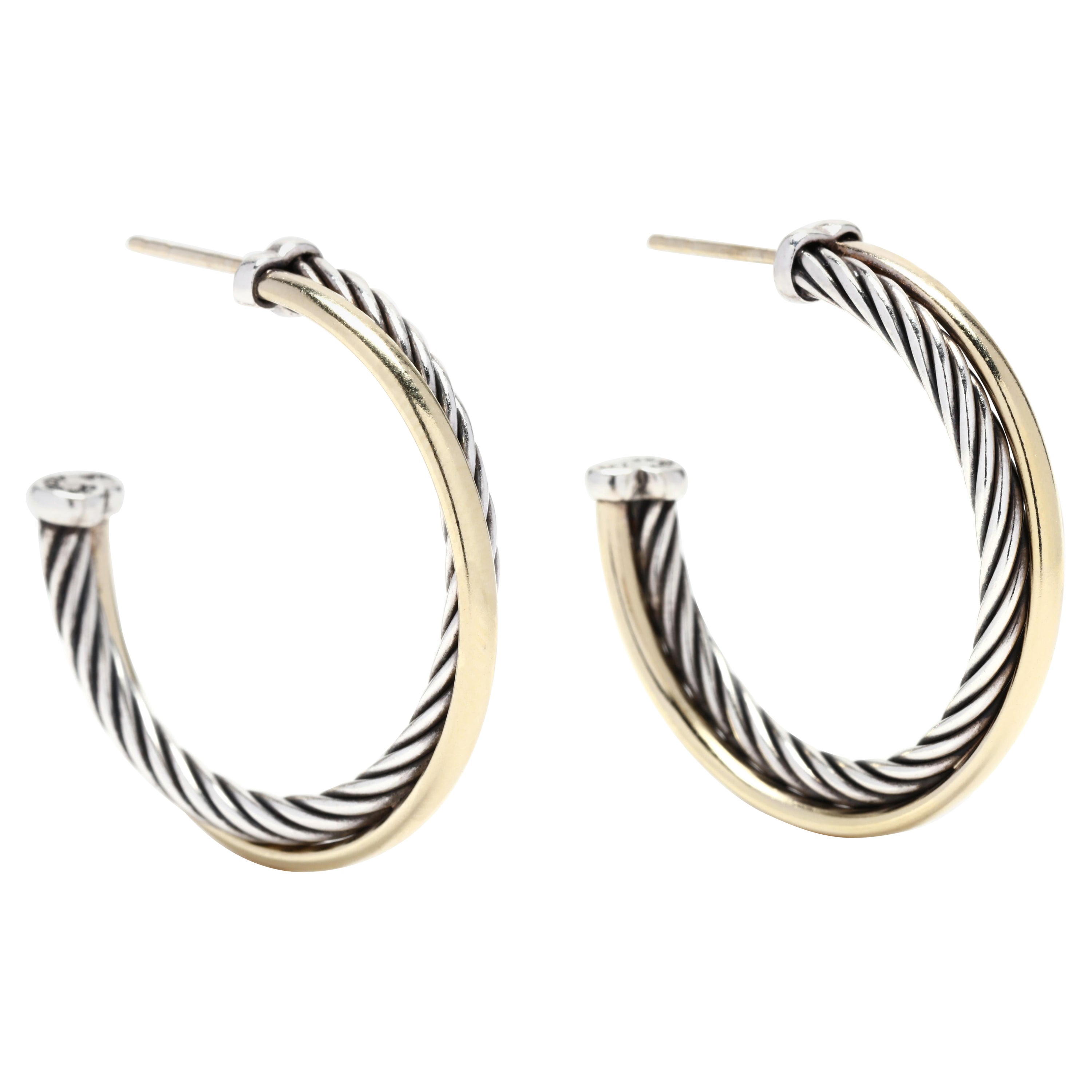 David Yurman Medium Crossover Hoop Earrings, Two Tone Hoop Earrings, Medium Size