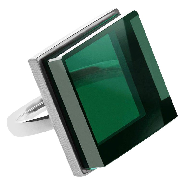 Featured in Vogue Eighteen Karat White Gold Contemporary Ring with Green Quartz For Sale