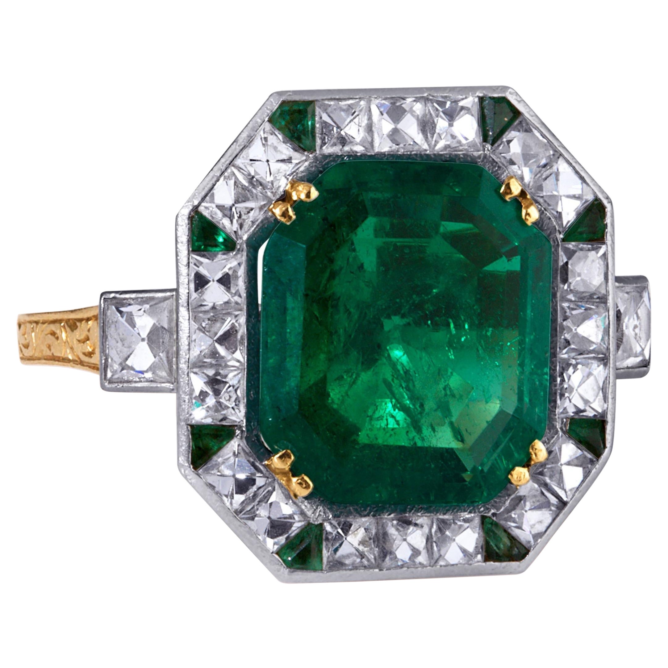 Original Art Deco Colombian Emerald French Cut Diamond Gold Platinum Ring For Sale