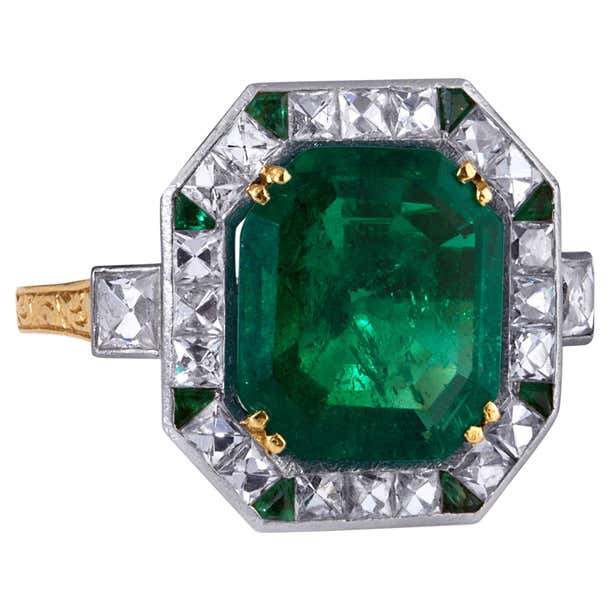 Original Art Deco Colombian Emerald French Cut Diamond Ring For Sale at ...