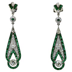 Vintage Emerald Diamond Pendant Earrings 18K