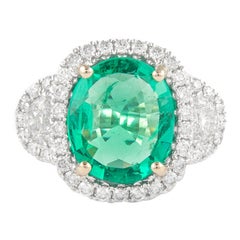 4.94 Carat Emerald with Diamond Three Stone Halo Ring 18 Karat Gold