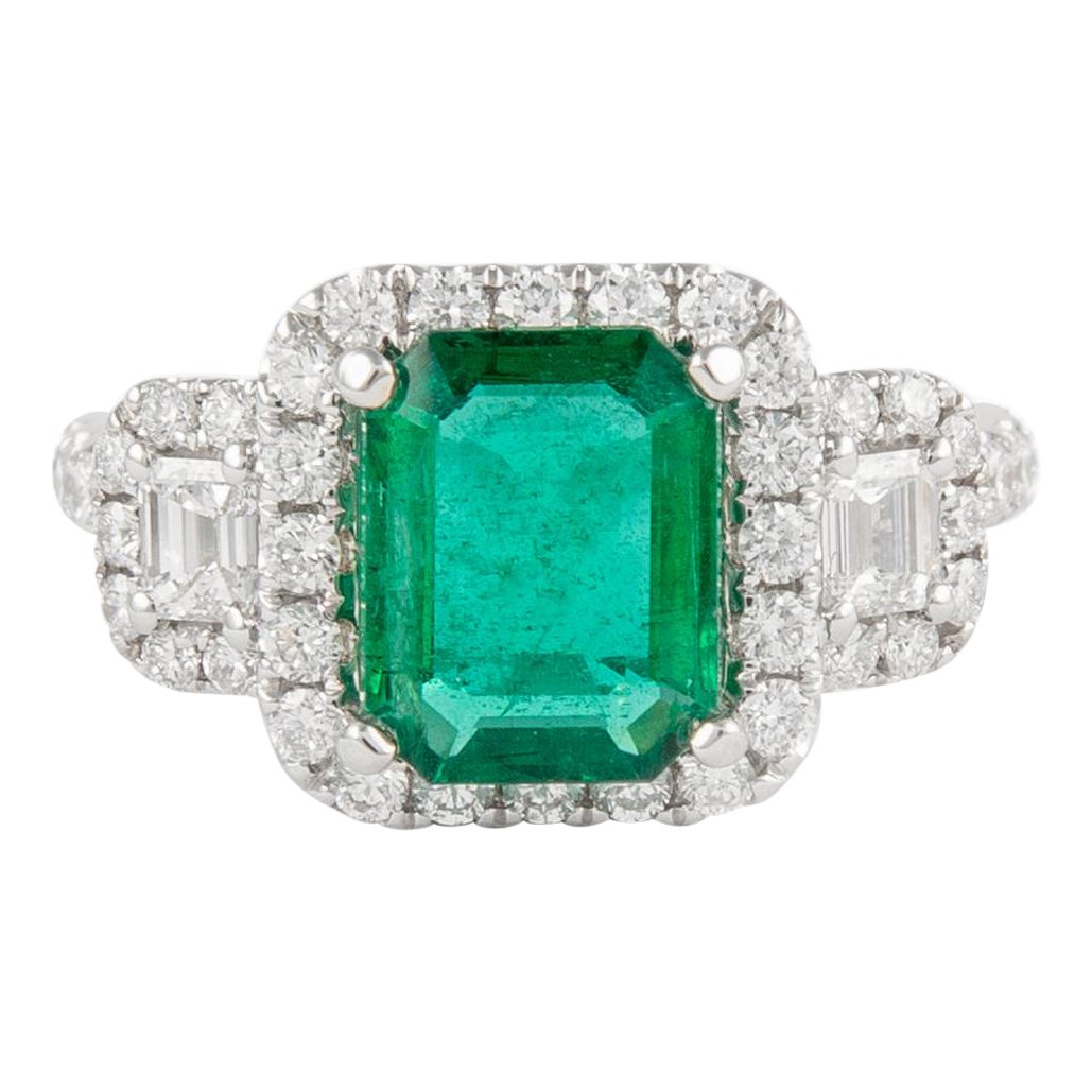 2.91 Carat Emerald with Diamond Three Stone Halo Ring 18 Karat Gold