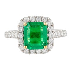 2.36ctt Carat Emerald Cut Emerald with Diamond Halo Ring 18k White Gold