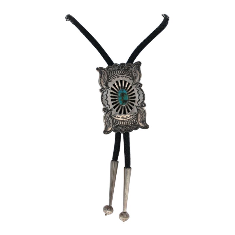 Navajo Turquoise Bolo Tie, Sterling Silver Signed Ernest Bilagody Fine Estate