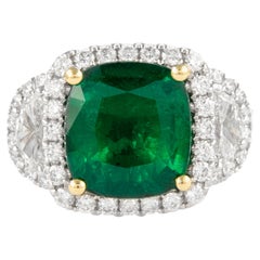 Alexander 4.95 Carat Emerald with Diamond Three Stone Halo Ring 18 Karat Gold