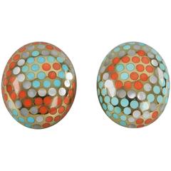 Angela Cummings Mother-of-Pearl Turquoise Coral Gold Clip Earrings