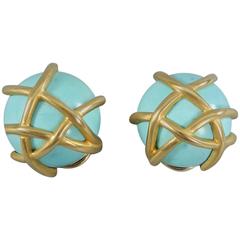Angela Cummings Turquoise Matte Gold Cage Clip Earrings