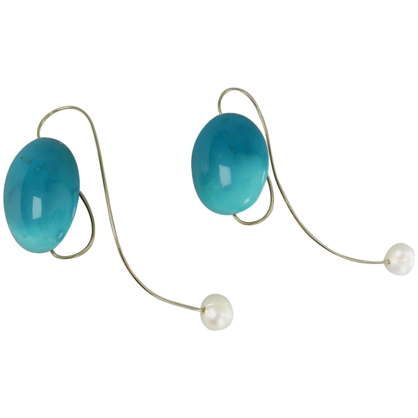 Angela Pintaldi Pearl Turquoise Gold Modernist Abstract Earring