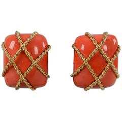 Seaman Schepps Coral Gold Square Cage Clip Earrings